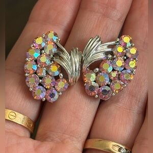 Coro vintage antique clip earrings. Silvertone, aurora borealis
